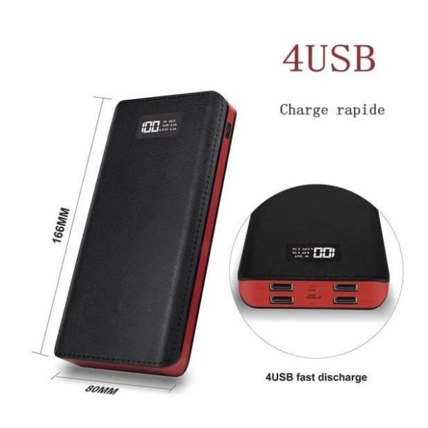 50000mAh Power Bank med LCD-skärm 4 USB-utgångar Bärbart batteri för alla telefoner - Svart + Röd