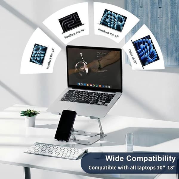 Bærbar Computer Støtte med Telefonholder 2-i-1, Tablet og Smartphone – Ajoureret Version – Sølv