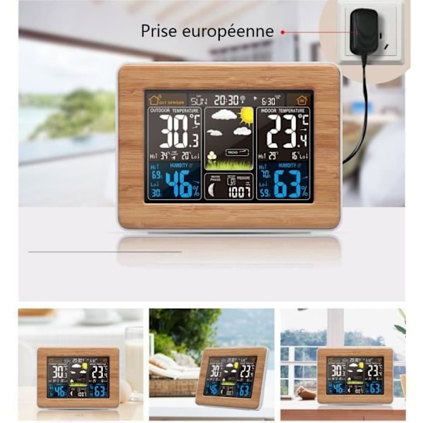 Väderstation i trä Trådlös vädersensor Väderprognos LCD-färgskärm Tid + väckarklocka EU-kontakt trä