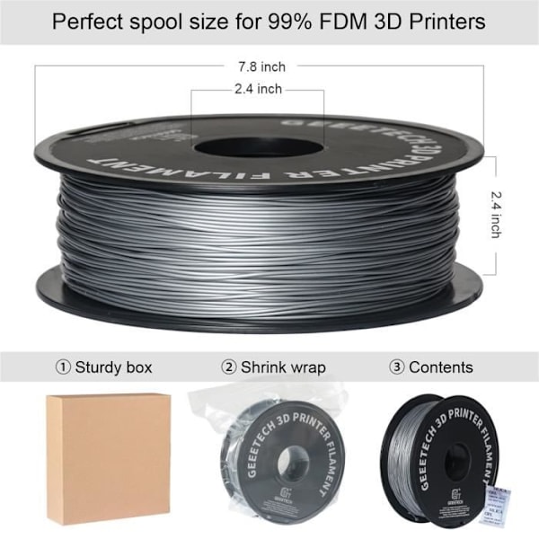 Filament PLA Silver 1,75 mm 1 kg Filament för 3D-skrivare, 2,2 LBS 1 kg 1 spole 0,02 mm hög precision
