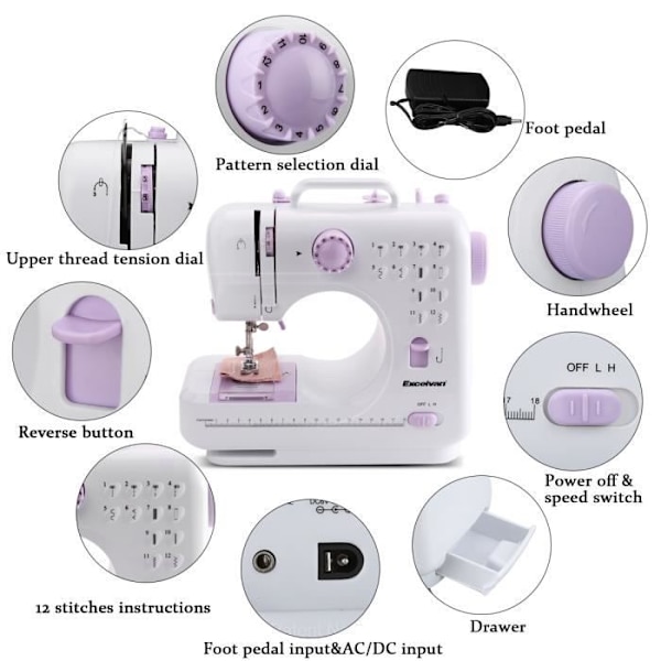 Excelvan Elektronisk symaskin - Nybörjare - 12 poäng - Bärbar - Två justerbara hastigheter