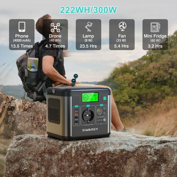 SWAREY Bärbar Elektrisk Generator 300W med Fällbara Solpaneler 4 paneler 220V Utgång AC/USB/Typ-C/QC 3.0