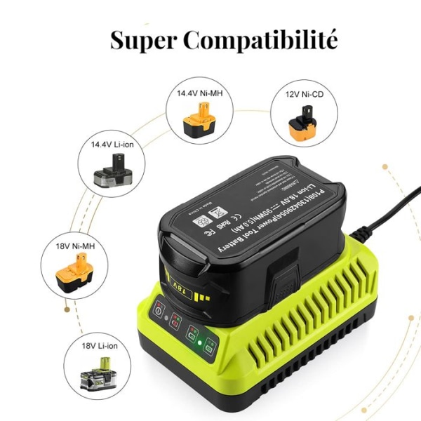 Universel Oplader - Ryobi - 12V-18V - Hurtigopladning - 3A - Flere Beskyttelser Grön