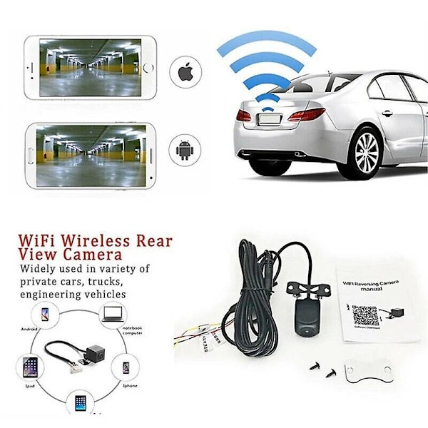 Bakkamera för bil, vattentät WiFi 170 grader, backkamera med dashcam, HD nattseende, mini för iPhone Android 12V bilar