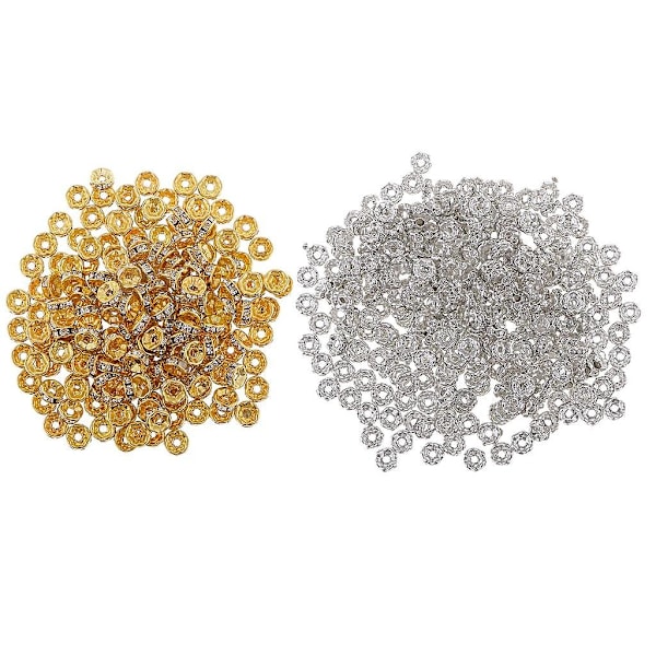 2x Pakke med 300 Sølv Rhinestone Rondelle Spacer Perler, 6mm Bølgekant Løse