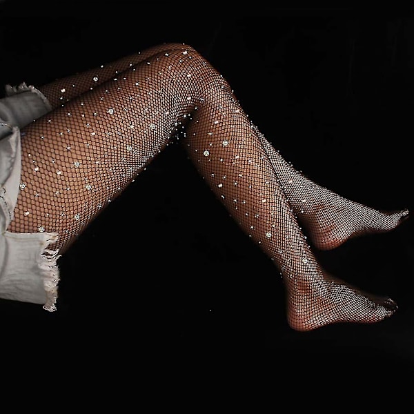 Sexy Kvinder Hullet Fiskenet Strømpebukser Glitter Rhinestone Diamant Besat Slank Mesh Strømpebukser Gennemsigtig Net Strømper Party Clubwear