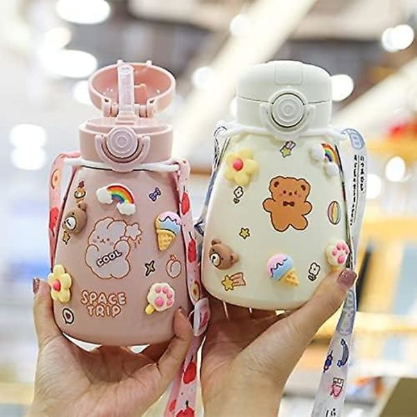 Kawaii vannflaske, sugerør og stor magekopp isolert kald vannflaske (500 ml, grønn)