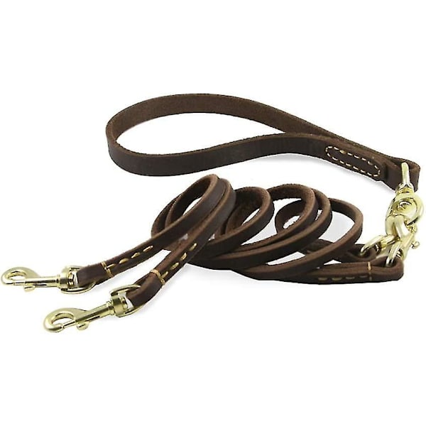 Dobbel Hundeleie i Lær med Avtakbar Kobling for å Forhindre Kveiling, Robust Metall, 120 cm Lengde, Hundeseler for 2 Hunder, Gåtur og Trening