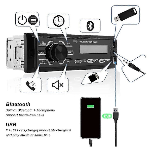 Autoradion Bluetooth-kaiuttimella, 1 DIN Universaali Auton Stereot, Sisäänrakennettu Mikrofoni, Tukee USB/TF/SD Auton MP3-mediasoitinta