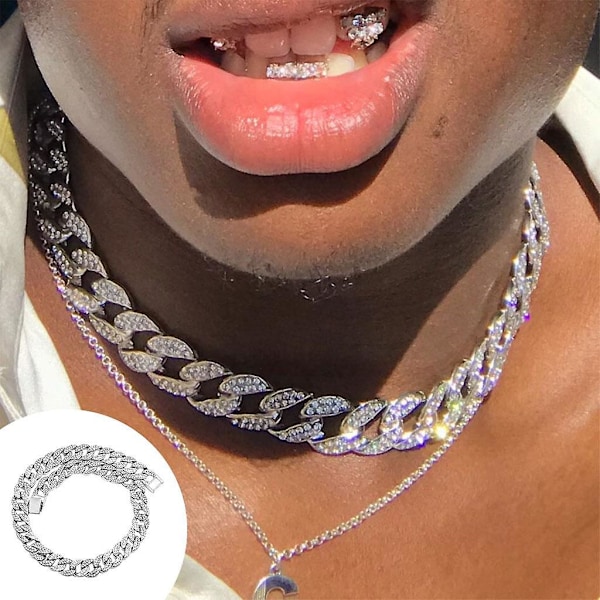 Luksuriøs Cuban Kæde med Bling Bling - Lang, Tung og Besat med Rhinestones - Stærk til Fest - Mænd - Sølv - 18,11 tommer