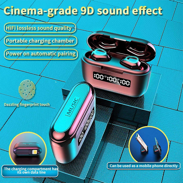 Bluetooth-headset Intelligent 5.1 Stereo Surround Sound Mini Headset med Digital Display Laddningsfack