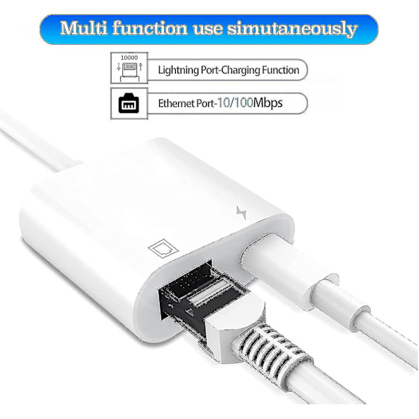 Lightning till Ethernet-adapter, [kompatibel med Apple Mfi-certifierad] 2 i 1 RJ45 Ethernet LAN-nätverksadapter med laddningsport, Plug and Play, Support