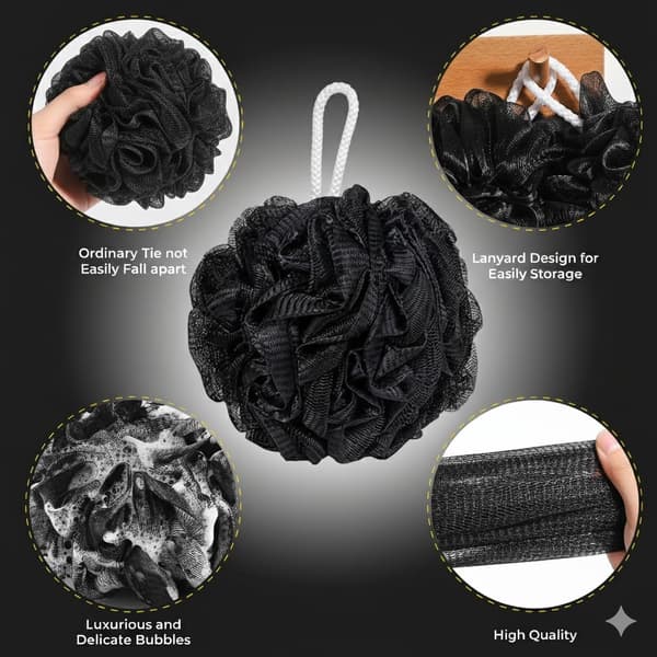 Loofah badebolde – 4-pak sorte netbadesvampe og kropsskrubbebolde