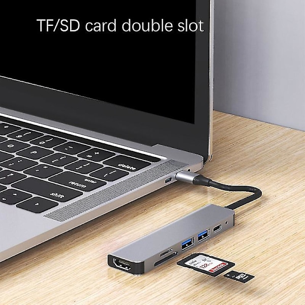 6-in-1 USB Type-C Hub-sovitin 4K 30Hz -yhteensopivalla portilla USB3.0 TF PD Video Mul