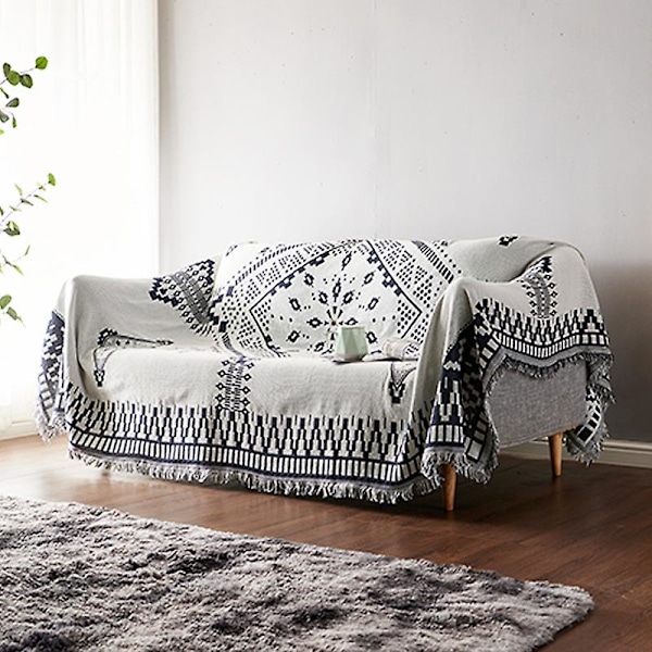 Reversibel To-sidig Strikket Bomulls Sofa Trekk Boho Sofa Trekk Marineblå & Hvit Sofa Trekk 90*210cm Seksjonssofa Trekk Dekorasjon Møbler