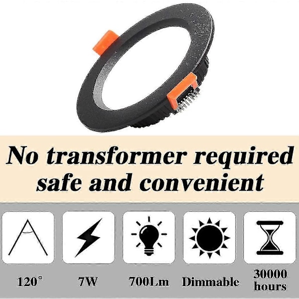 7W LED Nedfelt Lys Dimmbart Svart Ekstra Flatt 230V 5-pakning, 700lm=70W Glødelampe, IP44, Kald Hvit 6000K, Taklampe For Bad, Kjøkken, Stue, Gang