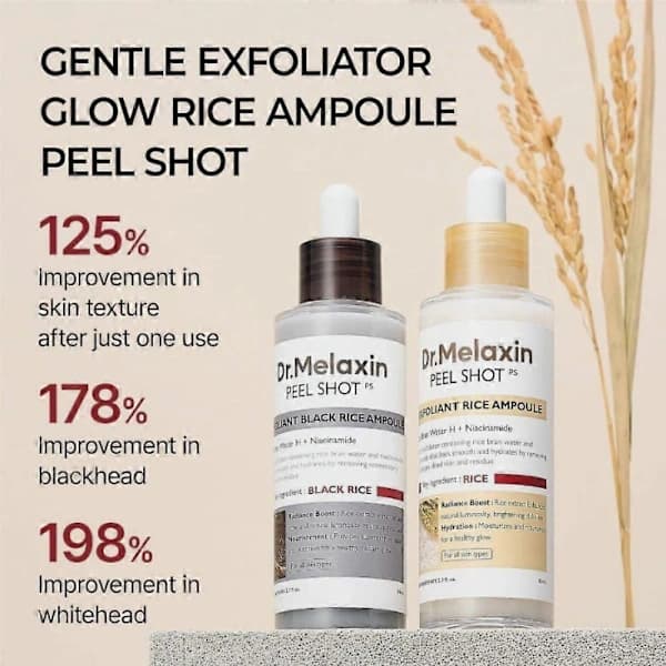 Dr. Melaxin PEEL SHOT GLOW EXFOLIANT RICE AMPOULE (HVID RIS/SORT RIS) 80ml sort black