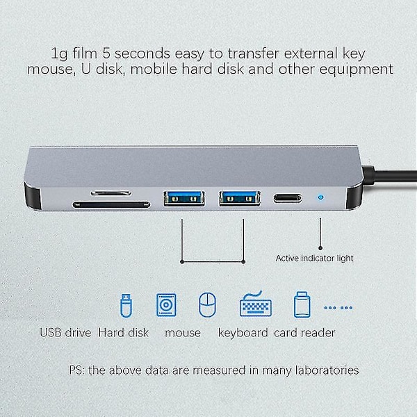 6-in-1 USB Type-C Hub-sovitin 4K 30Hz -yhteensopivalla portilla USB3.0 TF PD Video Mul