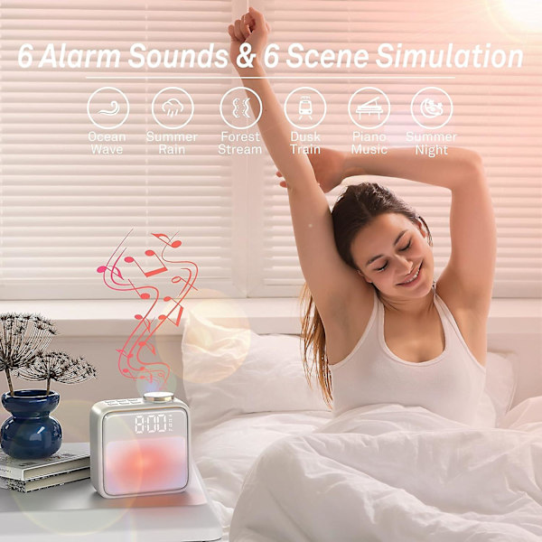 SCSYV Vækkeur Natlys, Indbygget Batteri Vækkeur til Soveværelser, 6 Scener & Hvid Støj Synkronisering, Dobbelt Alarm & Snooze, til Tunge Sovende, Gave