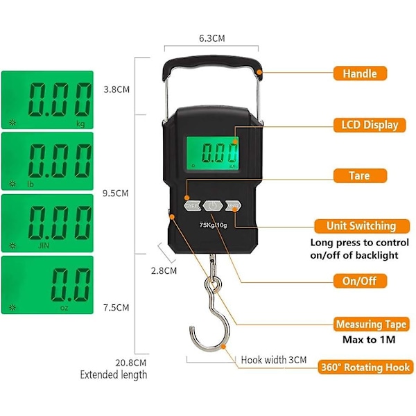 75 kg / 165 lb Kannettava Digitaalinen Matkalaukkuvaa'a Nauhamitalla, Elektroniset Matkavaaka