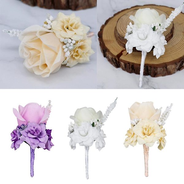 4x Silke Rosblommor Bröllops Corsage Brudgum Bröllop Boutonniere Champagne