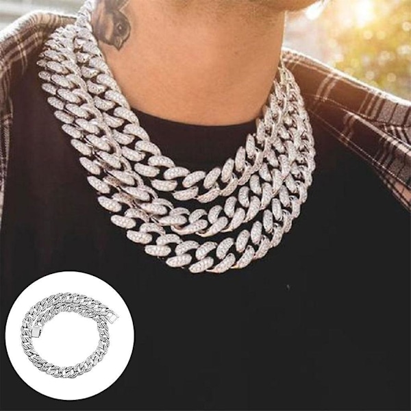 Kubansk Kjede Luksus Bling Lang Tung Besatt Rhinestones Sterk For Fest Menn Sølv 18.11inch
