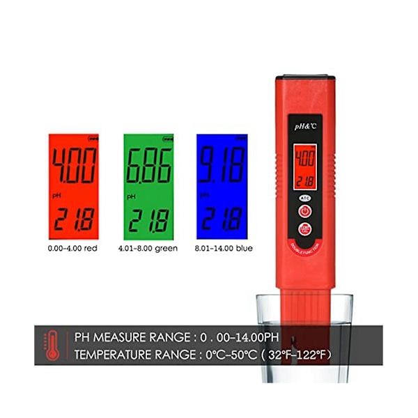 PH-mätare, tre-färgad LCD-display PH-penna Automatisk ATC-funktion 0-14 PH-mätområde för hushåll