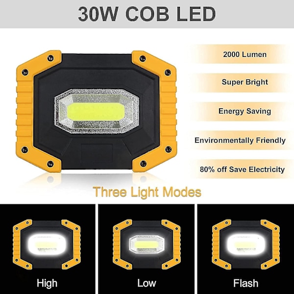 30W 2000lm Oppladbart LED-flomlys Arbeidslys for byggeplasser med 4x 18650 batteri 3 moduser Bærbar lykt USB LED-spotlight for camping, bygging