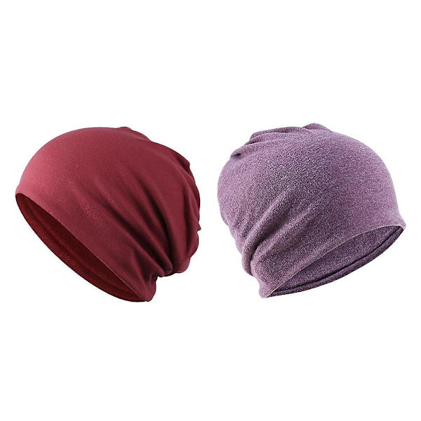 2 Stykker Bomuld Slouchy Baggy Beanie Kemohue Slouchy Hat Lilla+Rød