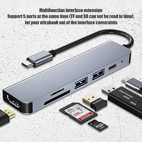 6-in-1 USB Type-C Hub-sovitin 4K 30Hz -yhteensopivalla portilla USB3.0 TF PD Video Mul