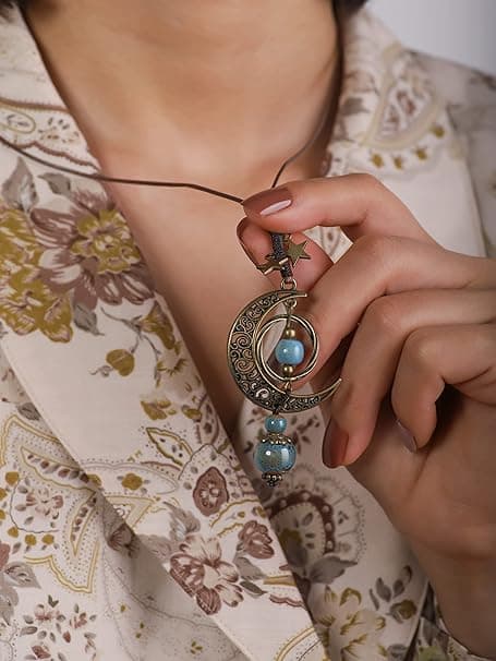 Retro boheme hippie keramisk perle halvmåne lasso halskæde