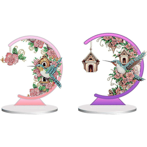 2 stk DIY Diamant Bordpynt Spesialformet Krystall Diamantmaleri Måneform Blomster Kolibri Bordpynt Ensidig Diamant