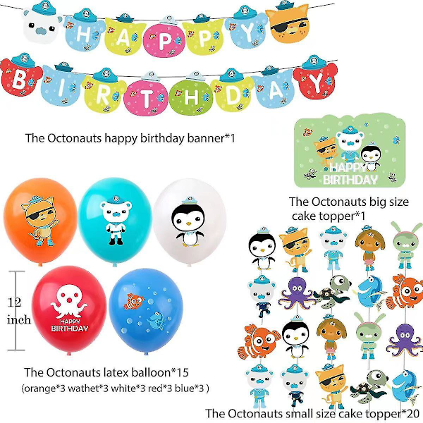34 kpl Octonauts-ilmapallosetti, lateksiilmapalloja bannerin ja kakun koristeilla
