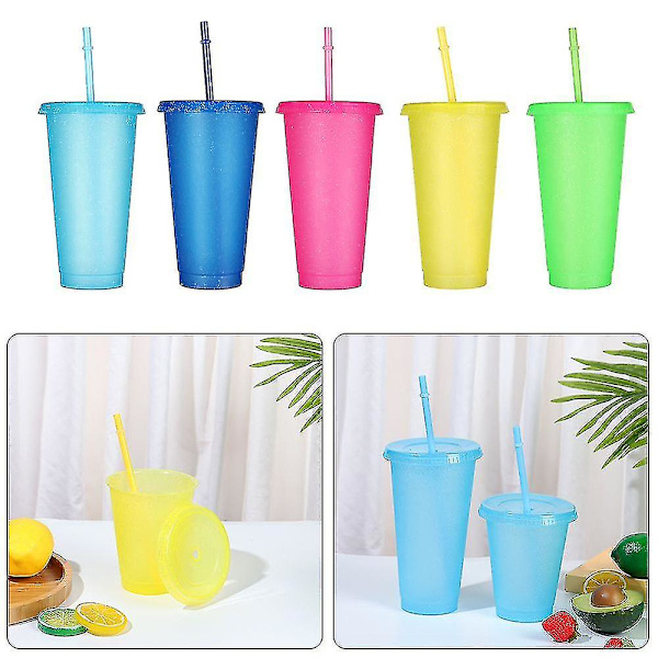 5-pack Återanvändbara Blixtpulver Vattenkopp med Sugrör Lock 480/700ml Utomhus Sugrörkopp Vattenflaska