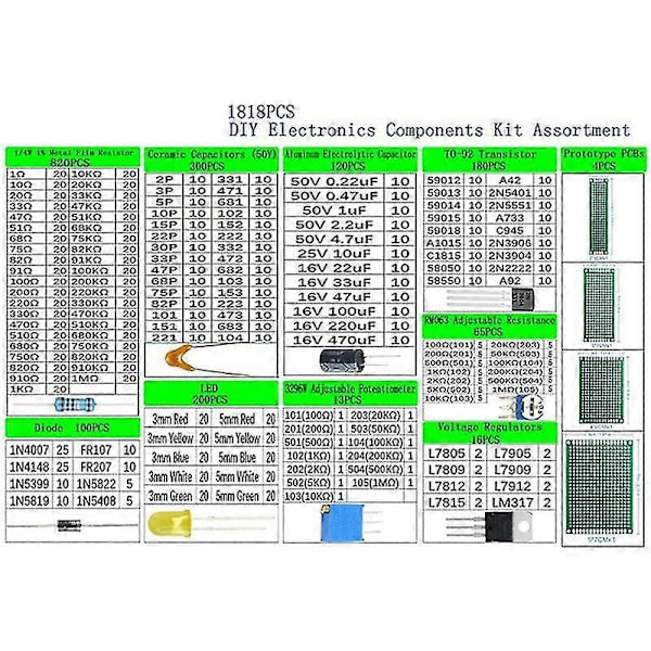 1818 deler DIY elektronikk komponenter sett sortiment motstander LED triode kondensatorer dioder PCB potent