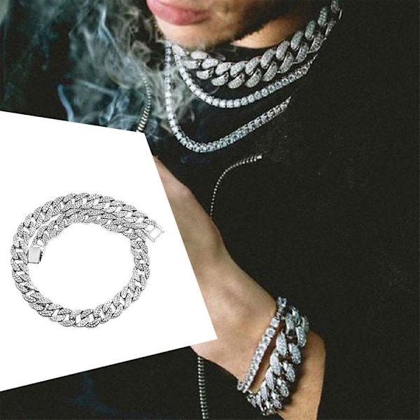 Kubansk Kedja Lyxig Bling Lång Tung Beströdd med Strass Stark För Fest Män Silver 18.11 tum