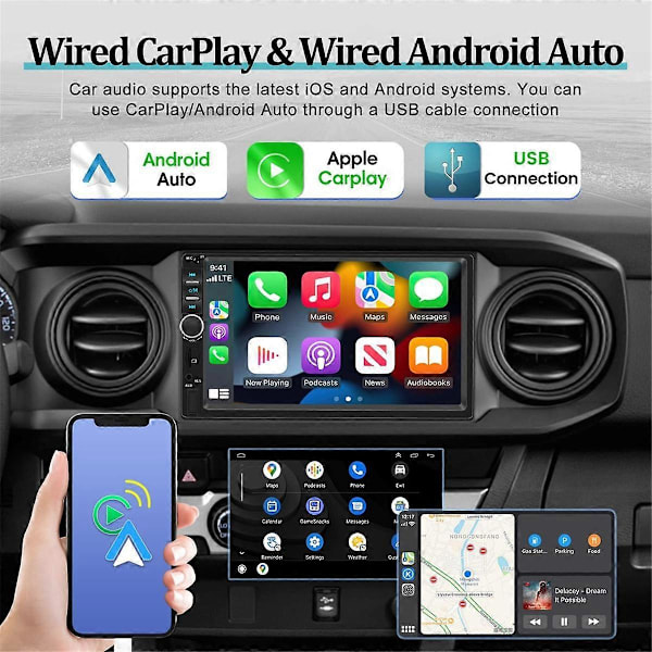 7 Tommer Dobbelt Din CarPlay Bilstereo med CarPlay Android Auto, Bilradio med Mirror Link Bluetooth FM Bakkamera