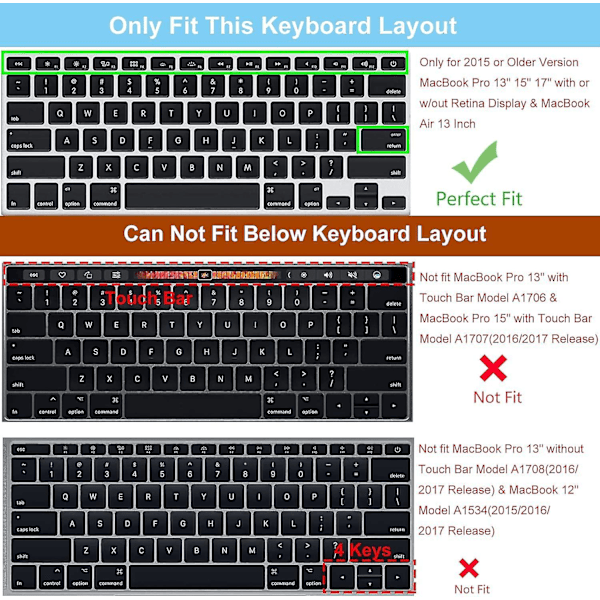 Tastaturdeksel for Macbook Air 13 tommer, 2012-2017, A1369 A1466 & Macbook Pro 13 tommer, 15 tommer (med eller uten Retina-skjerm, 2015 O