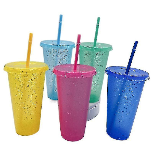 5-pack Återanvändbara Blixtpulver Vattenkopp med Sugrör Lock 480/700ml Utomhus Sugrörkopp Vattenflaska