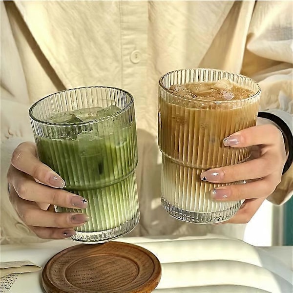 2 st, Ribbade Glaskoppar, Vertikala Ränder Vattenkopp, Iskaffe Koppar, Dricksglas För Juice, Mjölk, Te, Och Mer, Sommar Vinter Dryckesglas