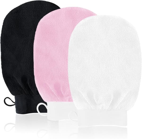 Eksfolierende handsker, 3-pak kropsskrubbehandsker til brusebad og spa (hvid + pink + sort).