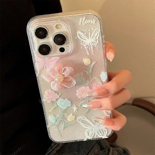 Til iPhone 15 Pro-deksel Mykt TPU 3D Roseblomst Glitrende Telefondeksel