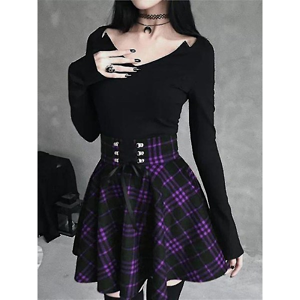 Svart rutete gothic-skjørt for kvinner, plisserte rutete skjørt, vår- og høst, jente, hip hop, kvinne, punk, goth, miniskjørt