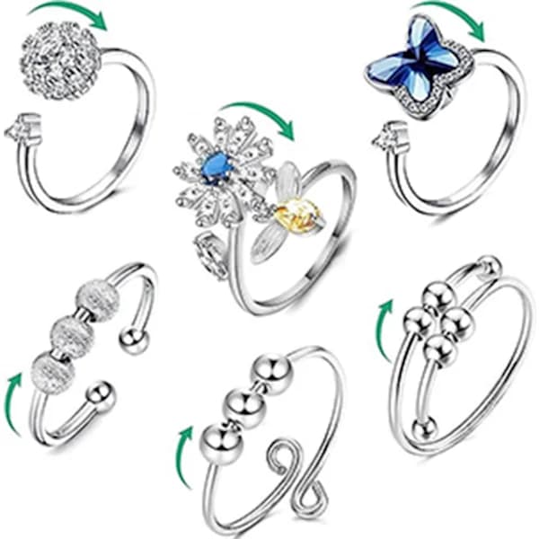 6 stk Fidget angstringe Justerbare ringe sæt Justerbare ringe Fidget ringe Dameperlearmbånd, Stabelbart
