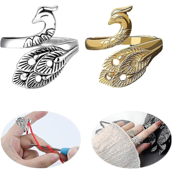 2 stycken justerbara stickloopar, påfågelformad öppen metallring, garnledare stickfingerhållare sticktumb för stickning