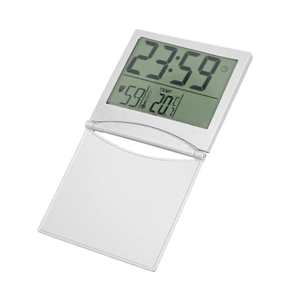 Kompakt sammenfoldelig rejsevækkeur med kalender, temperatur og timer