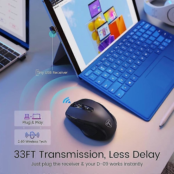 HOTWEEMS D-09 Trådlös Mus för Laptop - Ergonomisk Plus Dator USB Trådlös Mus, Ergo Grepp, Lightspeed 5-nivåer 2400 DPI, 16 Månader Batteri, Bärbar