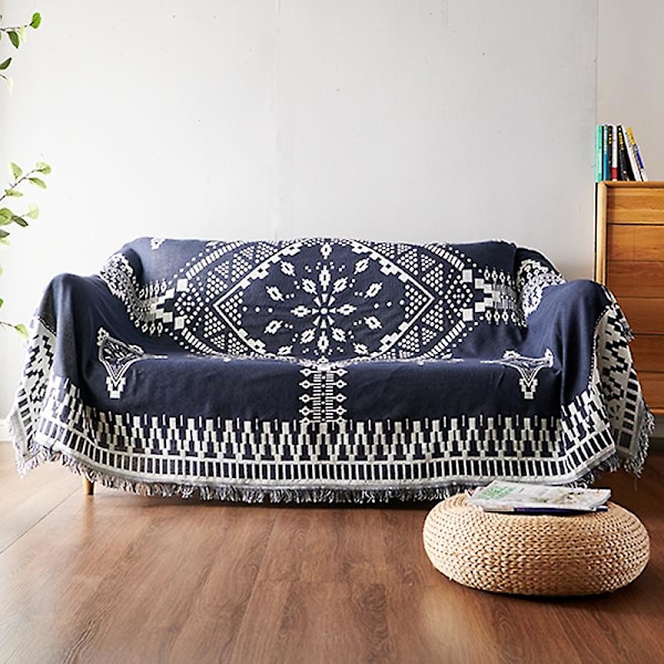 Kääntyvä kaksipuolinen neulottu puuvillainen sohvanpäällinen Boho-tyylinen sohvanpäällinen tummansininen ja valkoinen sohvanpäällinen 90*210cm osittainen sohvanpäällinen sisustuskaluste