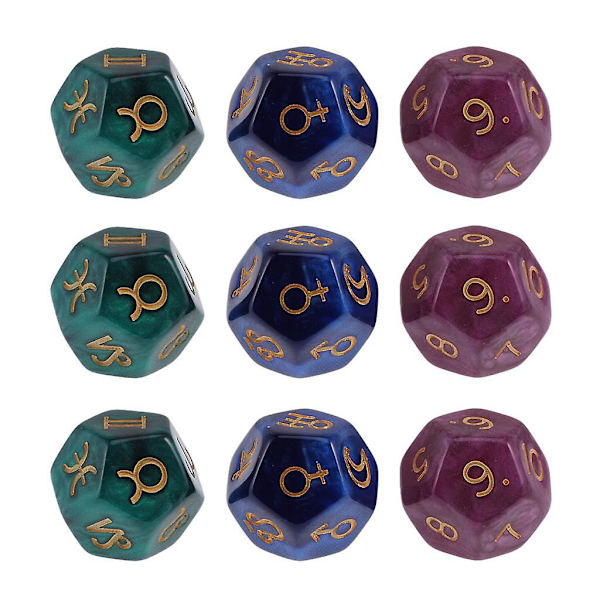 Pakke med 9 stk. Perle 12-sidige Astrologi Terninger for Stjernebilde Divinasjon Leke