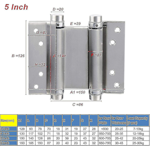 Stark dubbelverkande fjädergångjärn i rostfritt stål 3\" självladdande för svängdörrar Freegate dörrgångjärn 5 in 126mm